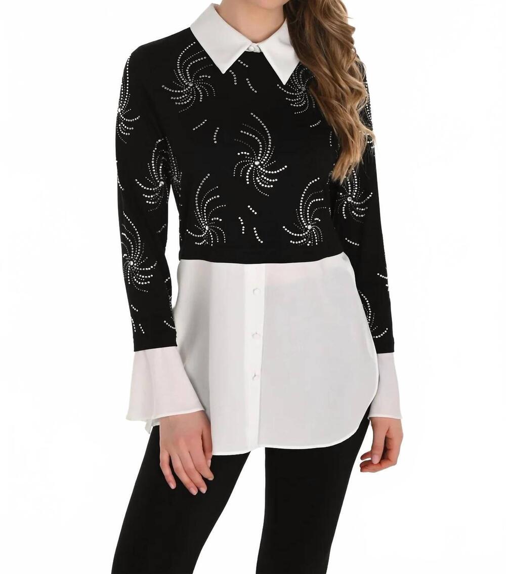 NEW FRANK LYMAN ayla abstract jewel embellished tunic blouse in black and white